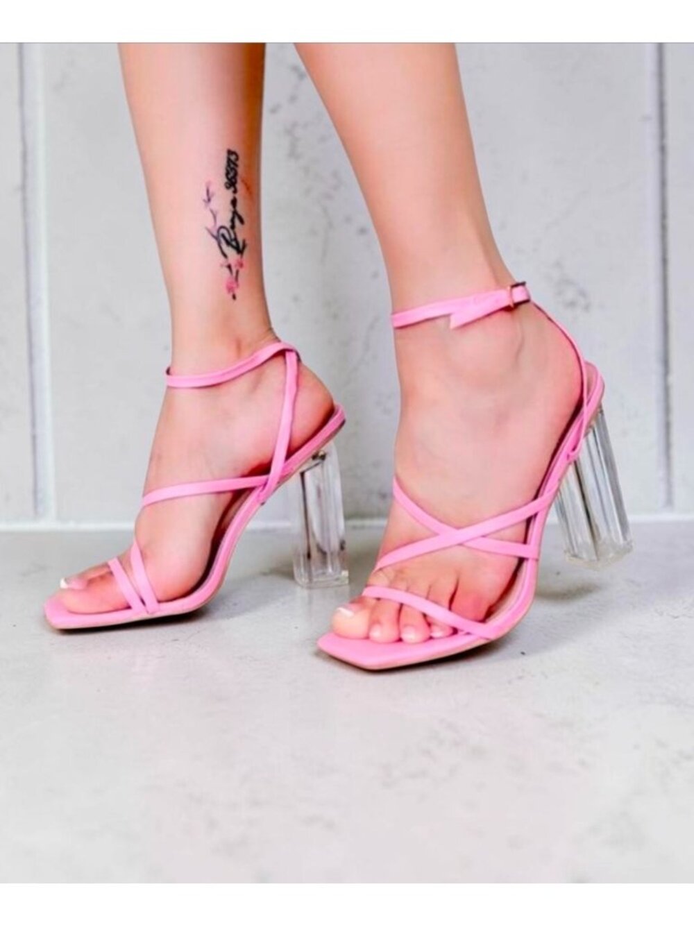 Pink Strappy Heels With Clear Block Heel Design – Womens Stylish Open-Toe Sandal - Picture 9 of 10